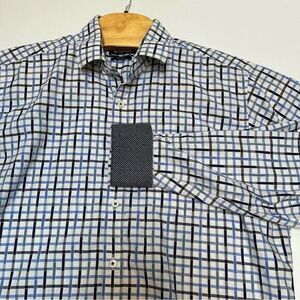 BUGATCHI Classic Fit Blue & Gray Windowpane Cotton‎ Shirt Dot Flip Cuff Size L